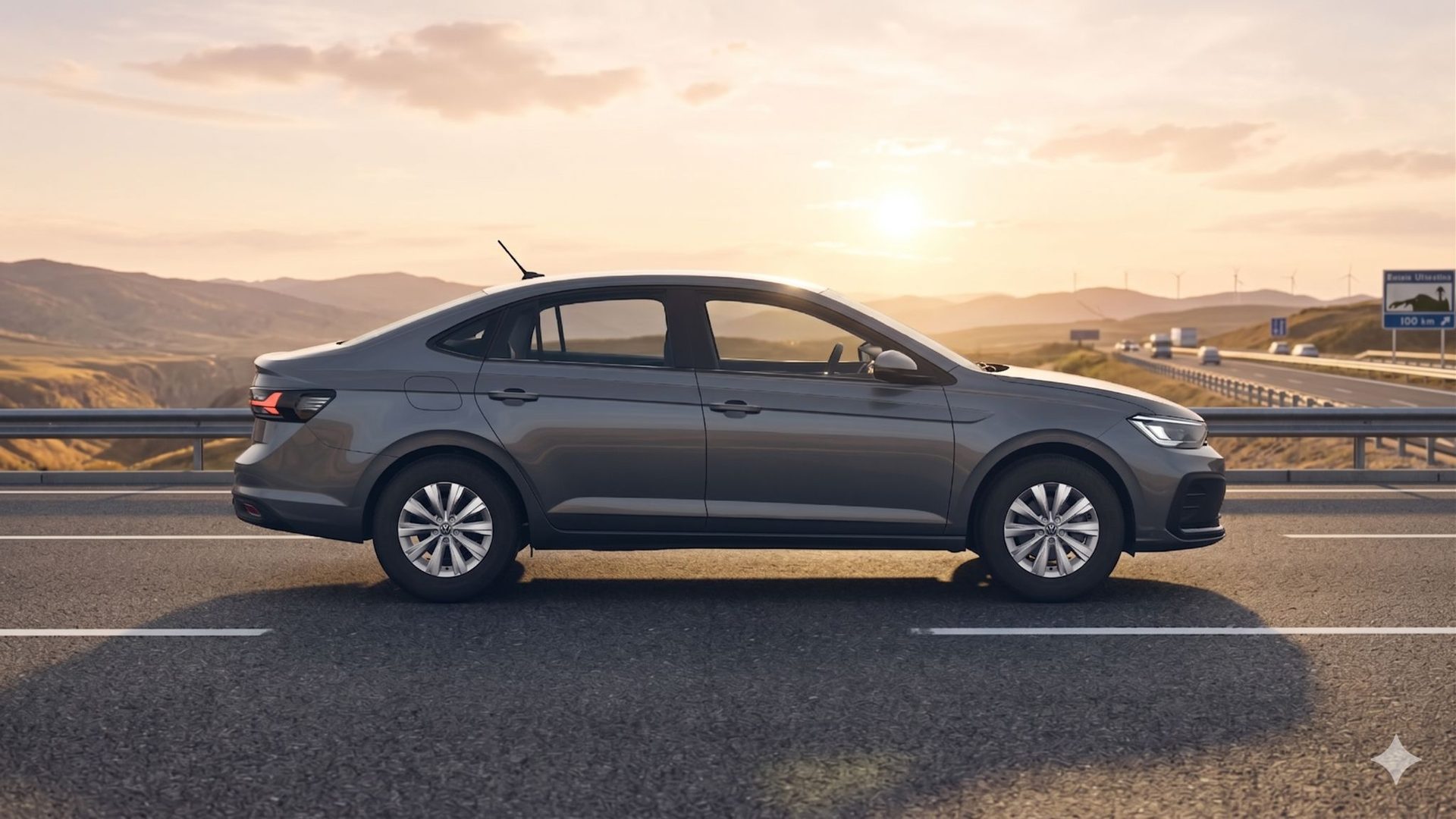 Volkswagen Virtus Trendline — Virtus lateral exterior al atardecer